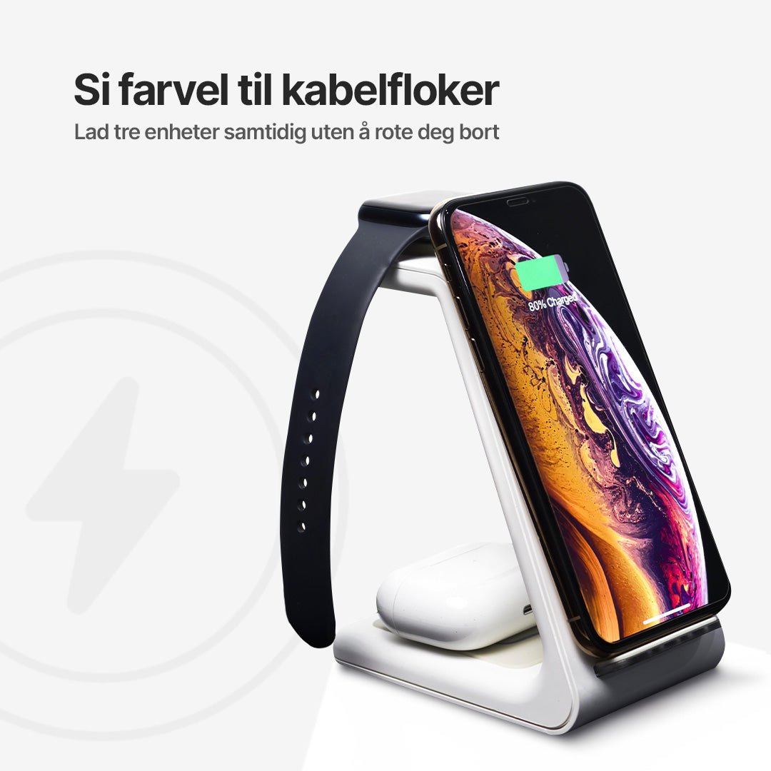 3 i 1 trådløs ladestasjon, Apple, Samsung, Watch, AirPods