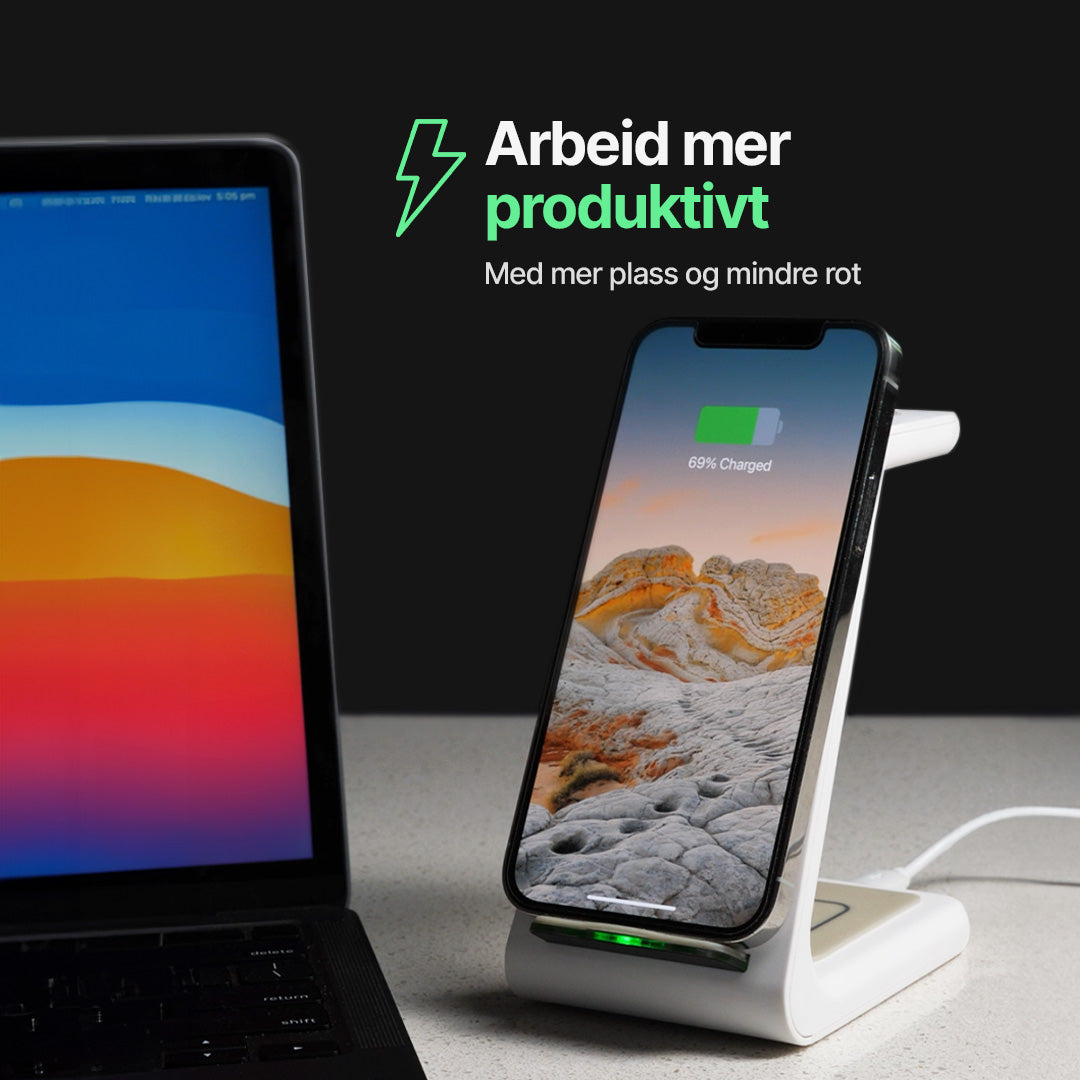 3 i 1 trådløs ladestasjon, Apple, Samsung, Watch, AirPods