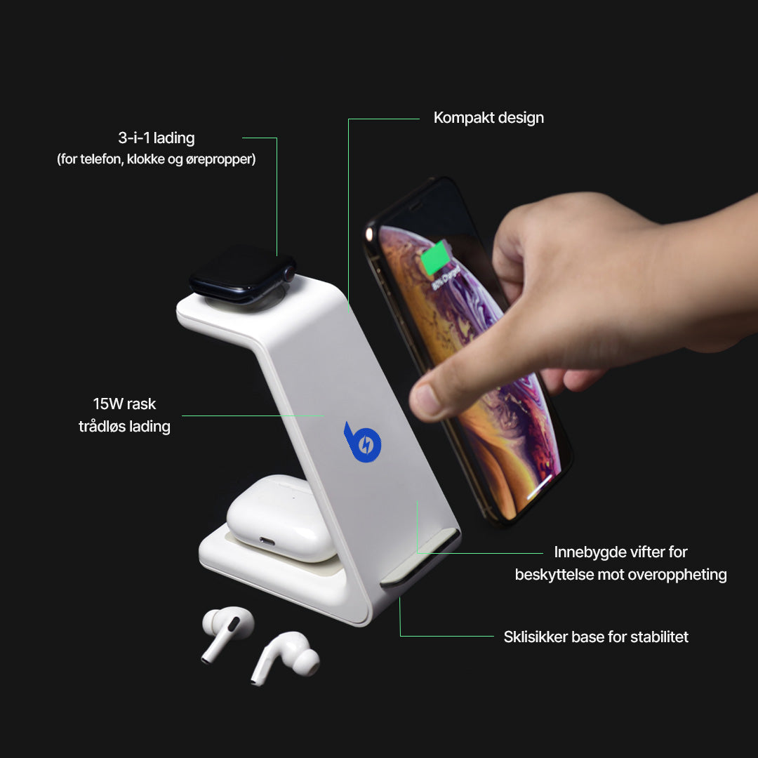 3 i 1 trådløs ladestasjon, Apple, Samsung, Watch, AirPods
