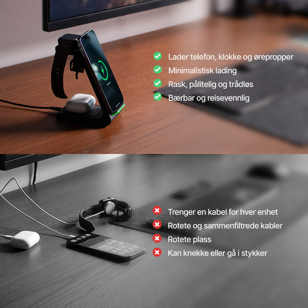 3 i 1 trådløs ladestasjon, Apple, Samsung, Watch, AirPods