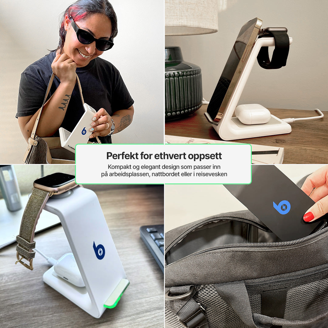 3 i 1 trådløs ladestasjon, Apple, Samsung, Watch, AirPods