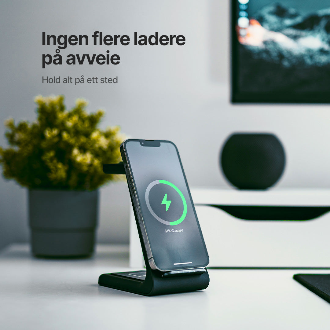 3 i 1 trådløs ladestasjon, Apple, Samsung, Watch, AirPods