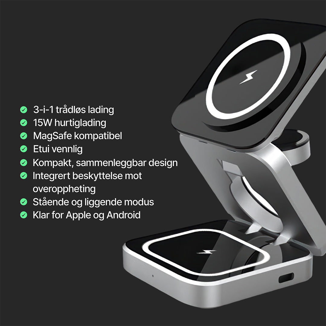 ChargeDeck 3-i-1 sammenleggbar trådløs stasjon - for Apple og Android