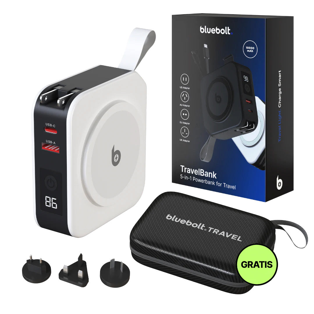 TravelBank 5-i-1 vegglader med trådløs ladeplate og powerbank