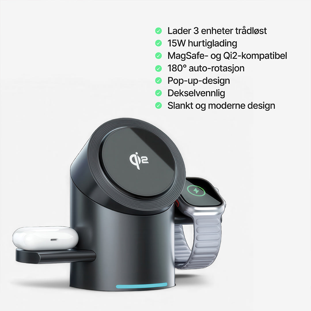 Halo MagSafe 3-i-1 Trådløs Ladestasjon Qi2