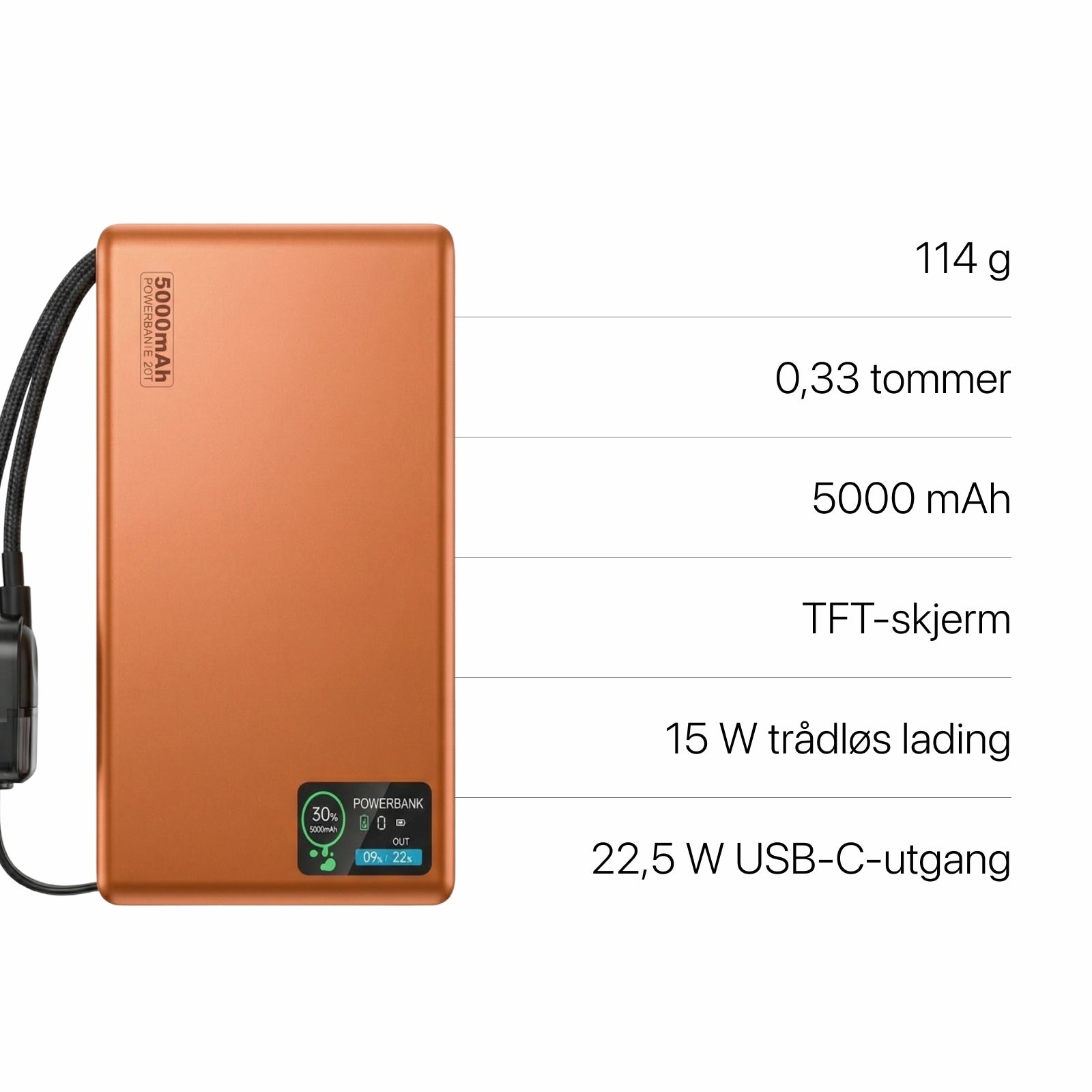 22,5 W ultraslank Q2-powerbank med display